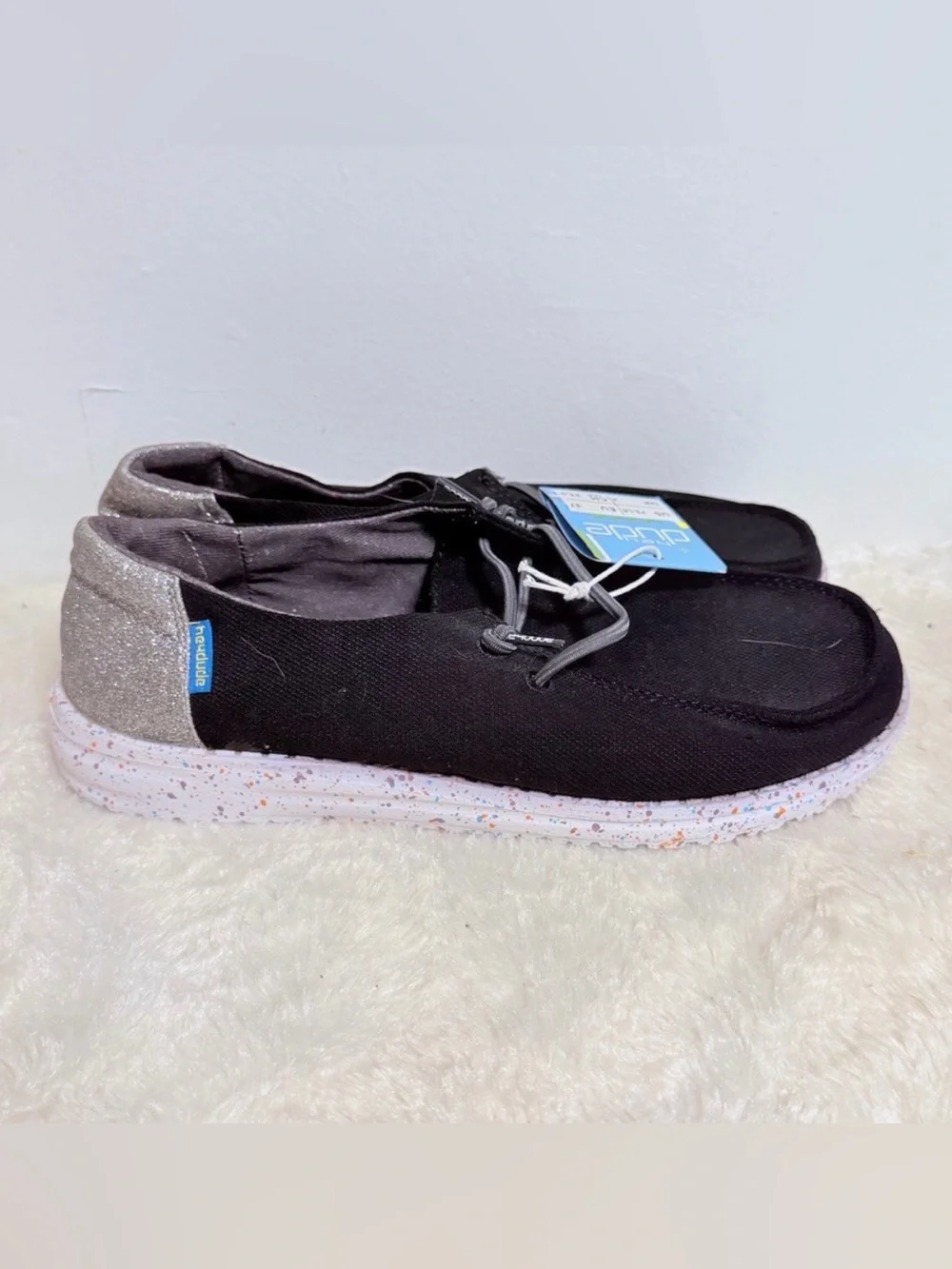 Hey Dude Wendy Black Canvas Slip-On with Glitter Heel Youth 5-6 new with tags!